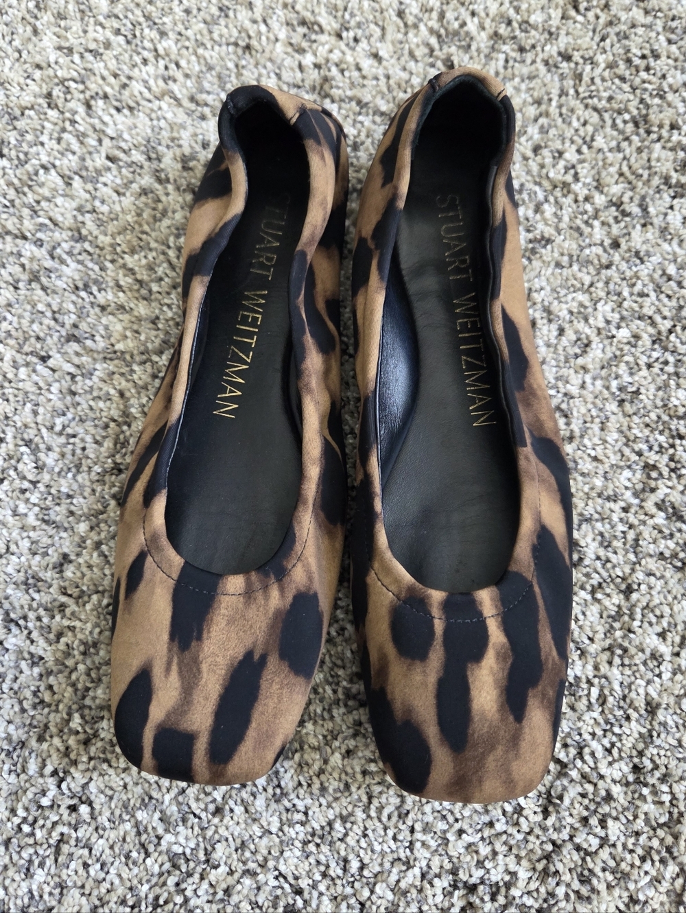 Stuart Weitzman Leopard Square Toe Ballet Flats Black Brown Size 7.5 EU 38